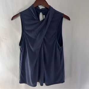 Women’s Dusty Blue Sleeveless Blouse Interesting Draped Neck Detail NWOT.